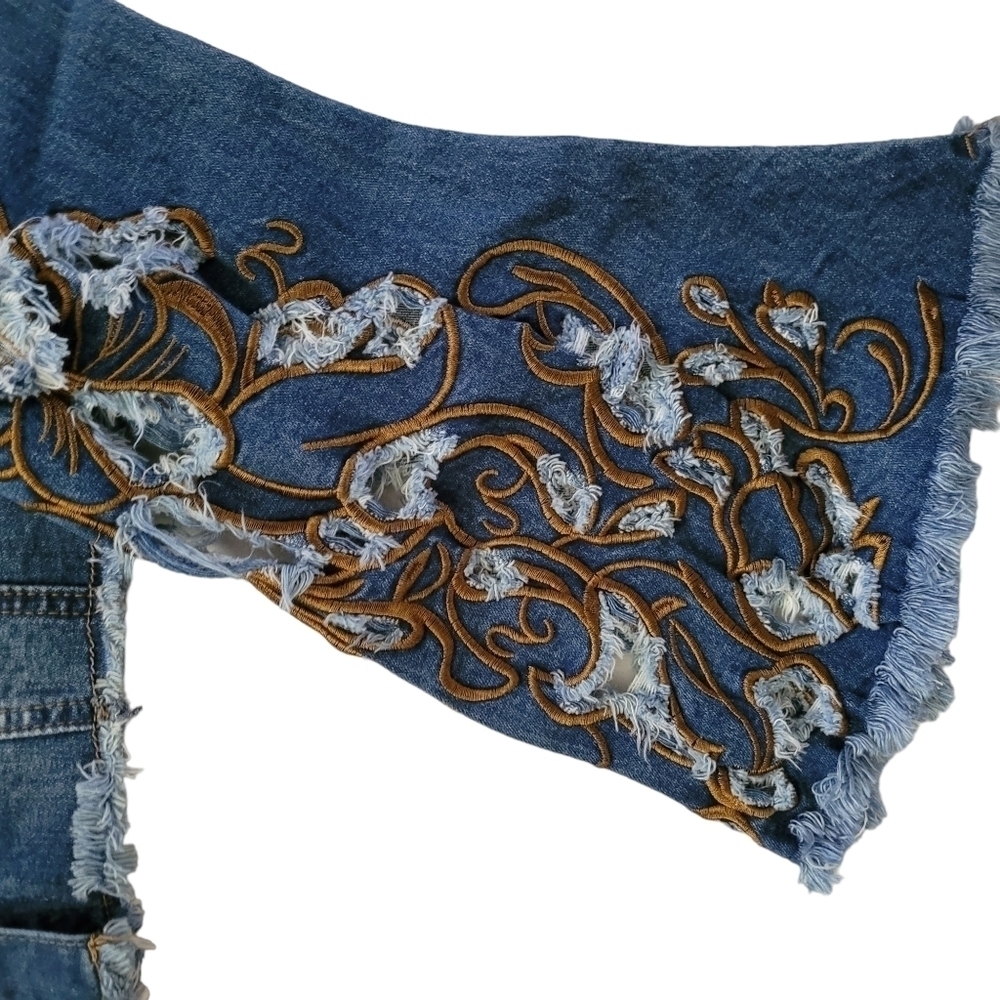 Cropped Embroidered Long Bell Sleeve Button Up Denim Jean Jacket - Picture 12 of 13